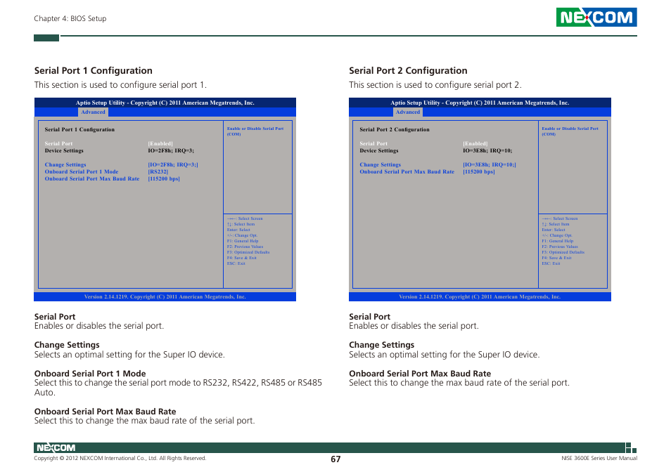 Serial port 1 configuration, Serial port 2 configuration | NEXCOM NISE 3600E User Manual | Page 81 / 102