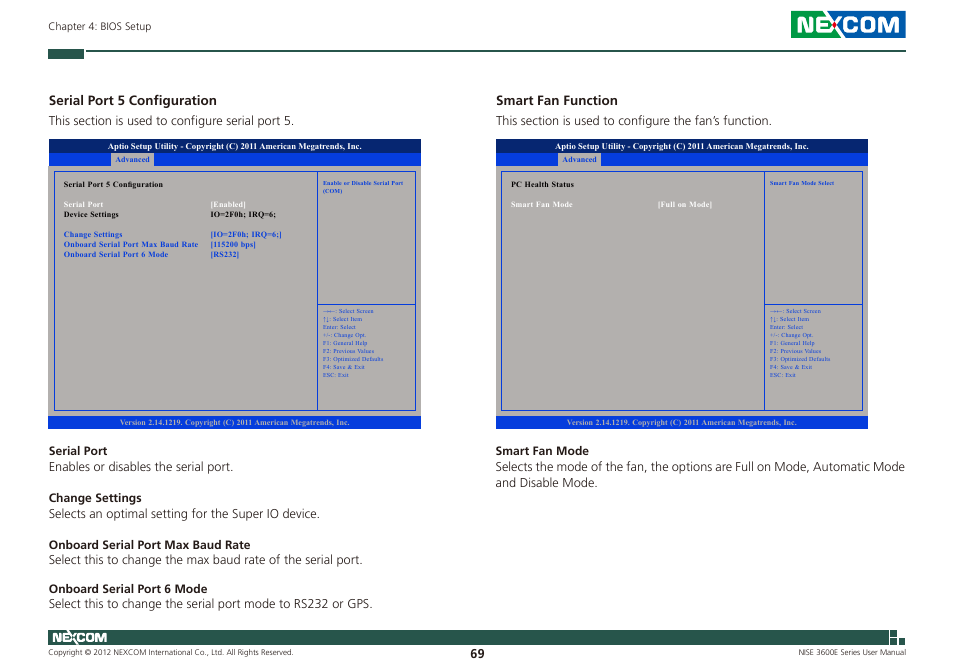 Serial port 5 configuration, Smart fan function | NEXCOM NISE 3600E User Manual | Page 83 / 102