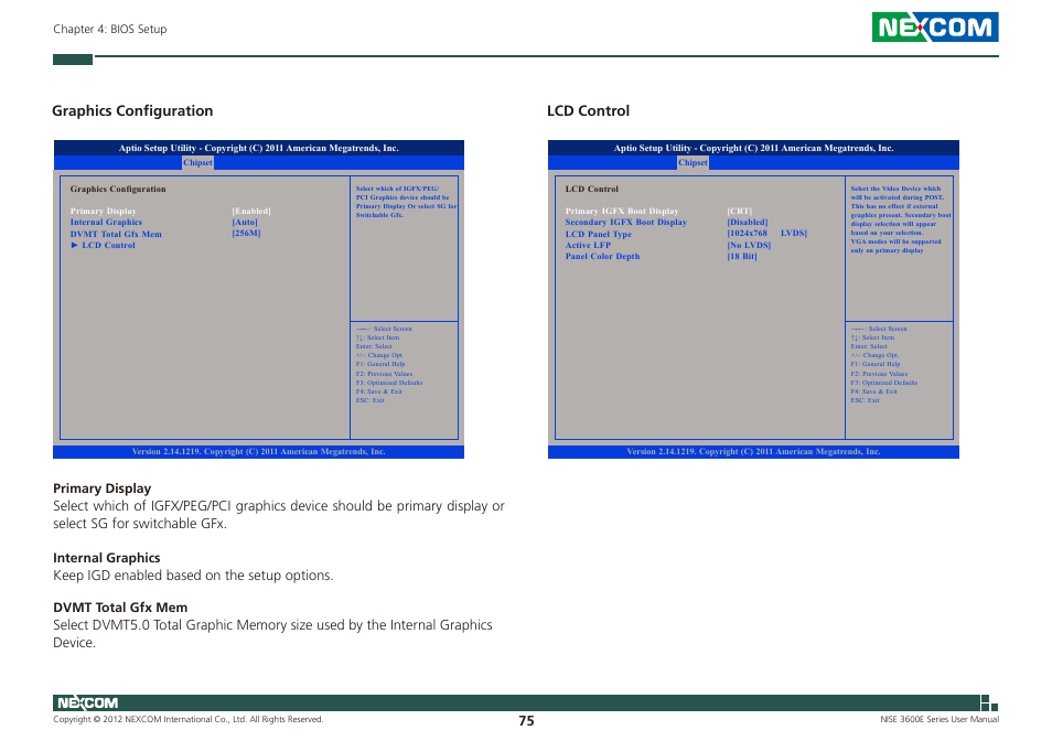 Graphics configuration, Lcd control | NEXCOM NISE 3600E User Manual | Page 89 / 102