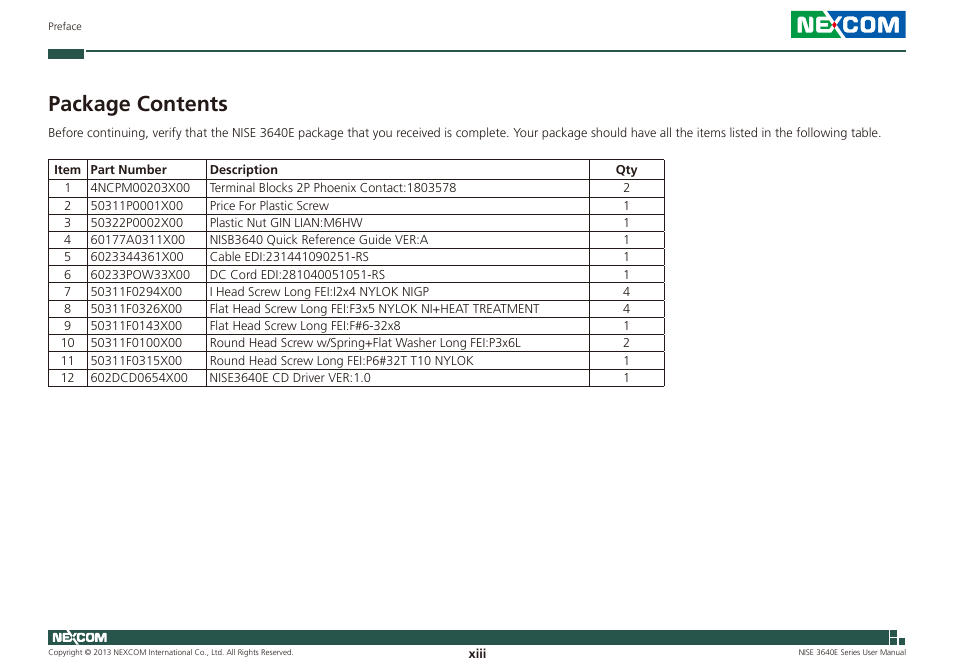 Package contents | NEXCOM NISE 3640E User Manual | Page 13 / 105