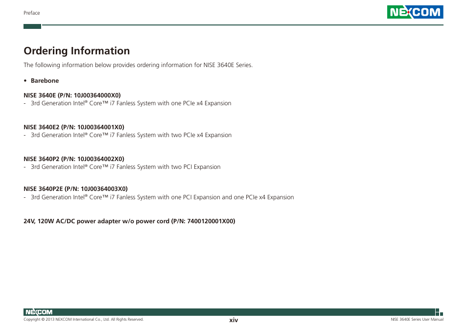 Ordering information | NEXCOM NISE 3640E User Manual | Page 14 / 105