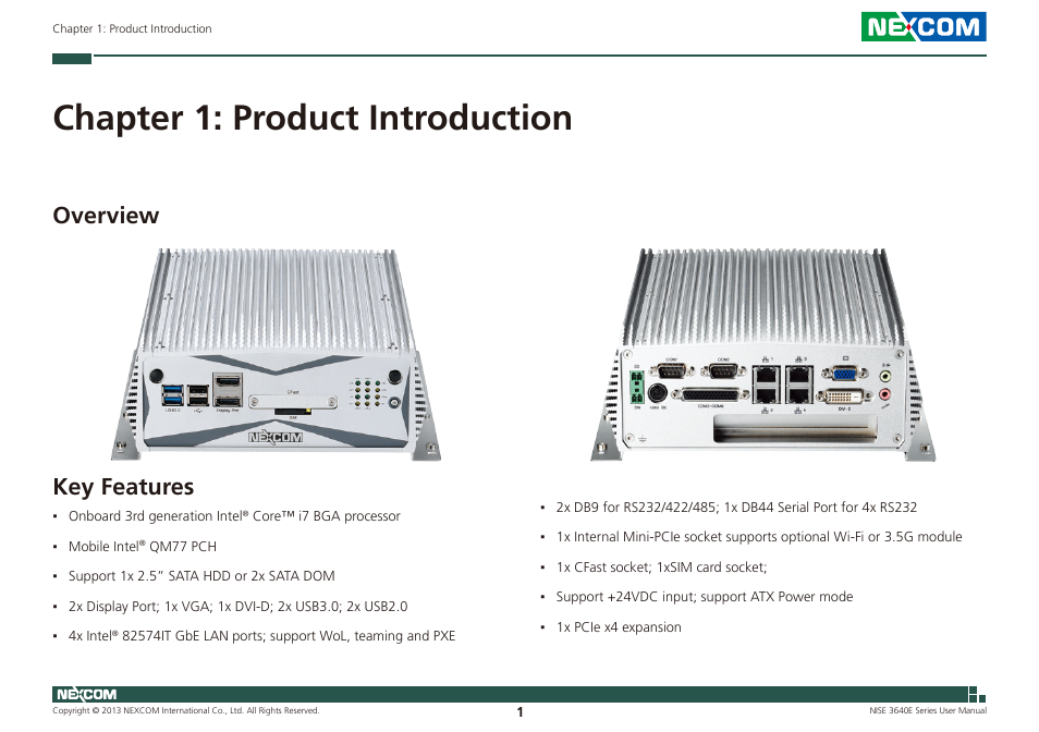 Chapter 1: product introduction, Overview key features, Key features | Overview | NEXCOM NISE 3640E User Manual | Page 15 / 105