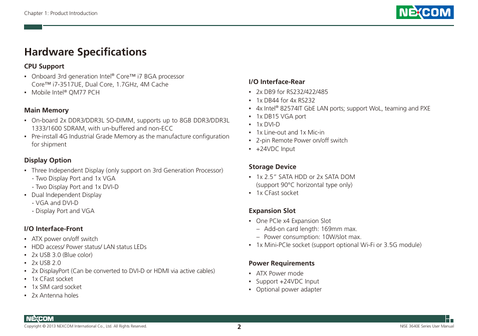Hardware specifications | NEXCOM NISE 3640E User Manual | Page 16 / 105