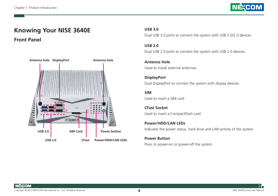 Knowing your nise 3640e, Front panel | NEXCOM NISE 3640E User Manual | Page 18 / 105