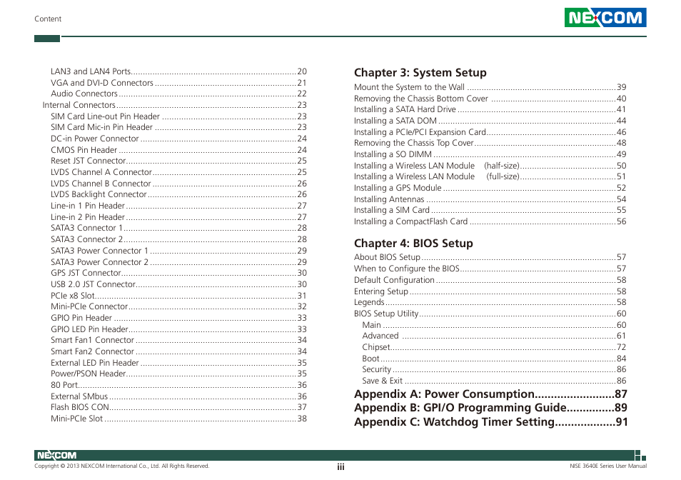 Chapter 3: system setup, Chapter 4: bios setup | NEXCOM NISE 3640E User Manual | Page 3 / 105