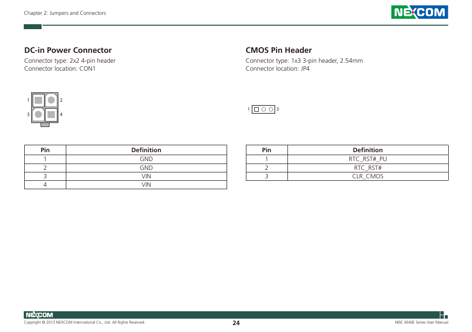 Dc-in power connector cmos pin header, Dc-in power connector, Cmos pin header | NEXCOM NISE 3640E User Manual | Page 38 / 105