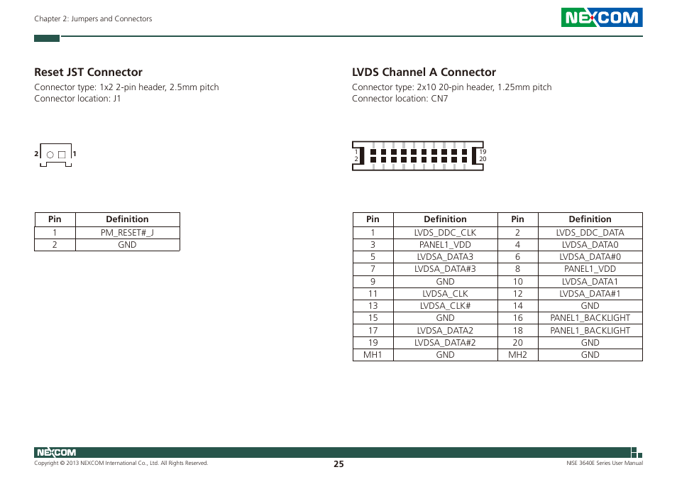 Reset jst connector lvds channel a connector, Reset jst connector, Lvds channel a connector | NEXCOM NISE 3640E User Manual | Page 39 / 105