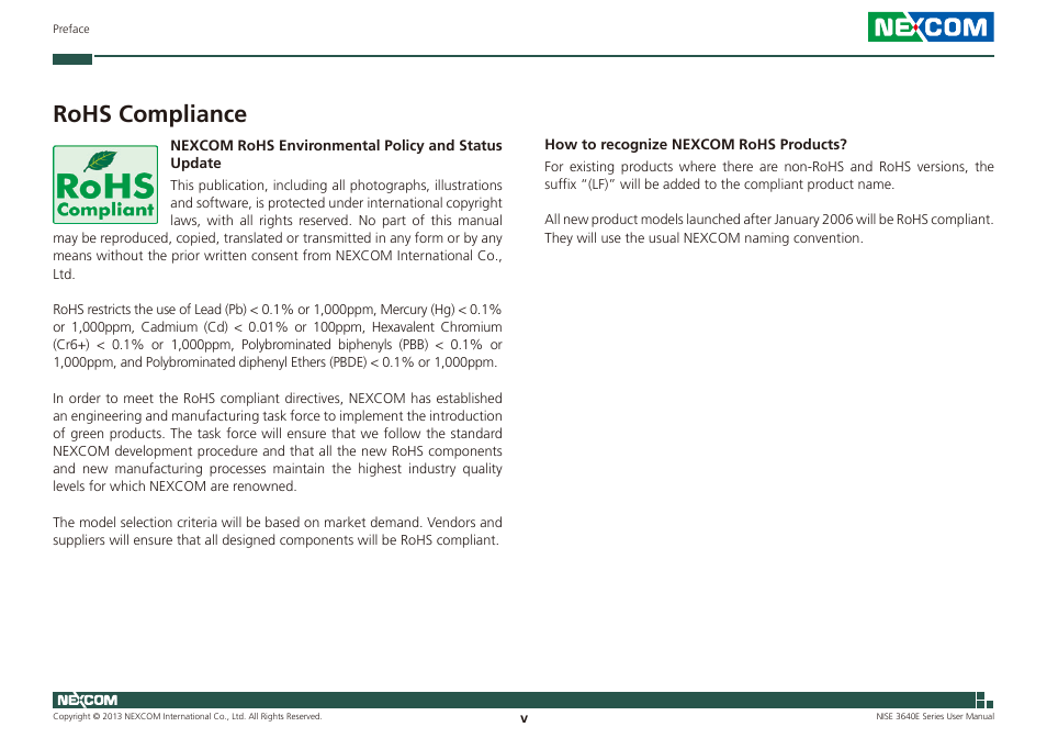 Rohs compliance | NEXCOM NISE 3640E User Manual | Page 5 / 105