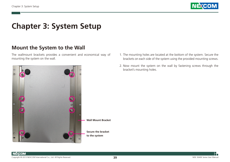 Chapter 3: system setup, Mount the system to the wall | NEXCOM NISE 3640E User Manual | Page 53 / 105