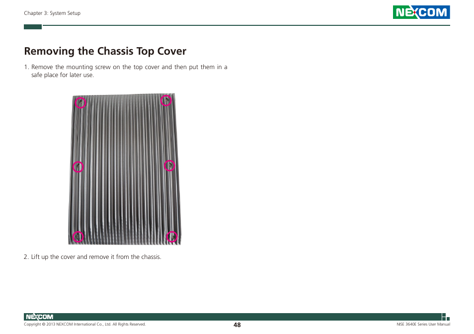 Removing the chassis top cover | NEXCOM NISE 3640E User Manual | Page 62 / 105