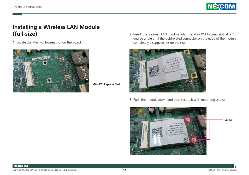 Installing a wireless lan module (full-size) | NEXCOM NISE 3640E User Manual | Page 65 / 105