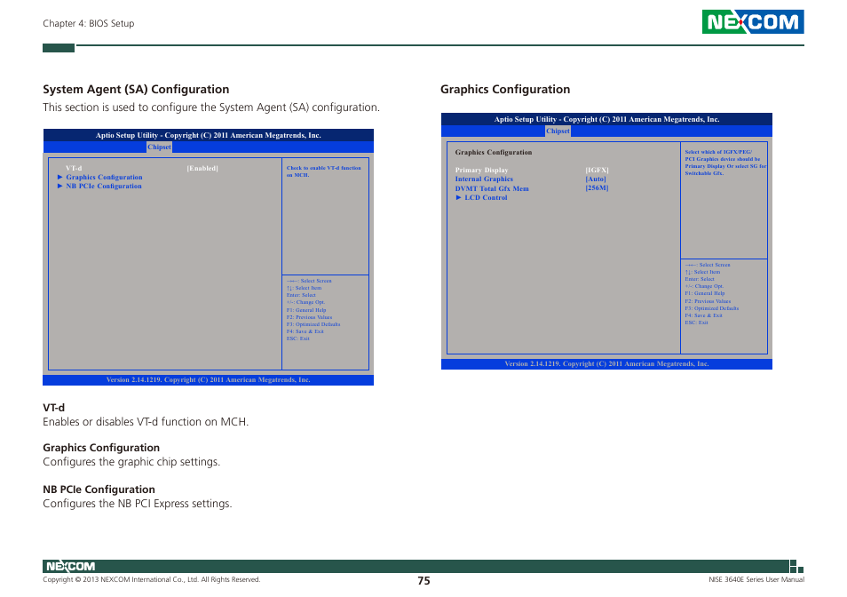 System agent (sa) configuration, Graphics configuration | NEXCOM NISE 3640E User Manual | Page 89 / 105