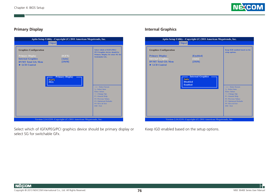 Primary display, Internal graphics, Keep igd enabled based on the setup options | NEXCOM NISE 3640E User Manual | Page 90 / 105