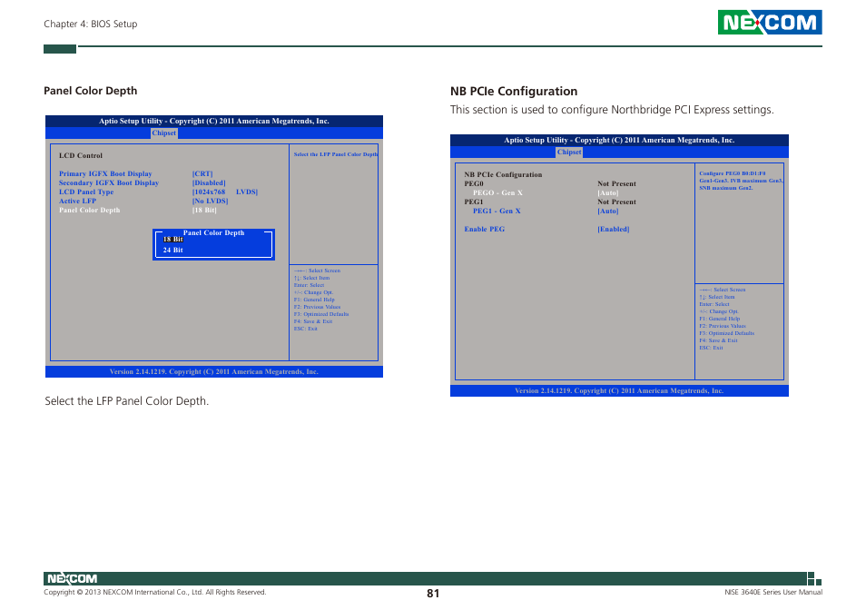 Nb pcie configuration, Panel color depth, Select the lfp panel color depth | NEXCOM NISE 3640E User Manual | Page 95 / 105