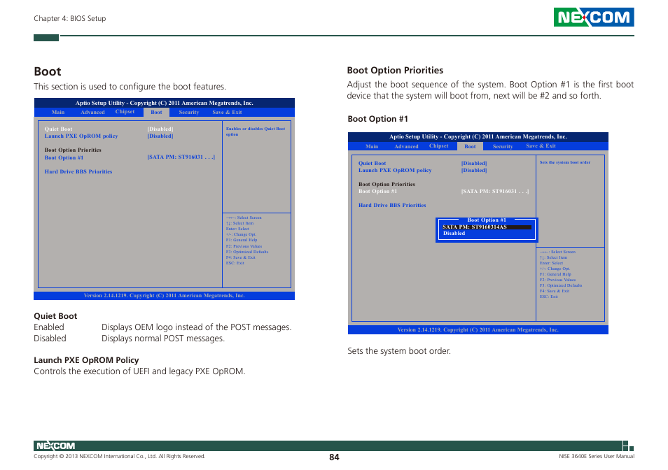 Boot, Boot option priorities | NEXCOM NISE 3640E User Manual | Page 98 / 105