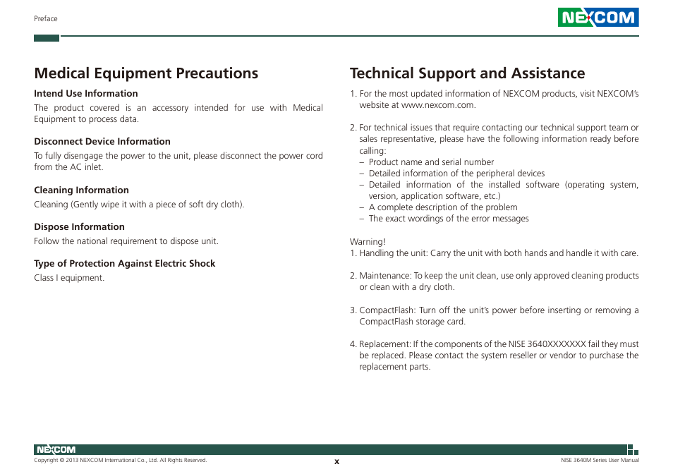Medical equipment precautions, Technical support and assistance | NEXCOM NISE 3640M User Manual | Page 10 / 108