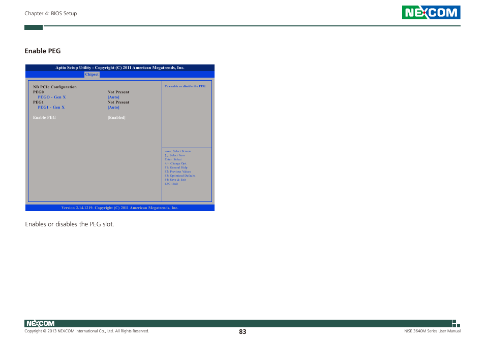 Enable peg, Enables or disables the peg slot | NEXCOM NISE 3640M User Manual | Page 100 / 108