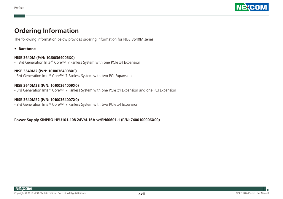 Ordering information | NEXCOM NISE 3640M User Manual | Page 17 / 108