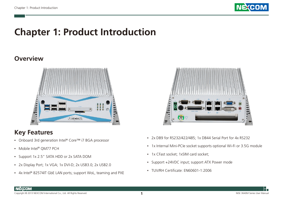 Chapter 1: product introduction, Overview key features, Key features | Overview | NEXCOM NISE 3640M User Manual | Page 18 / 108