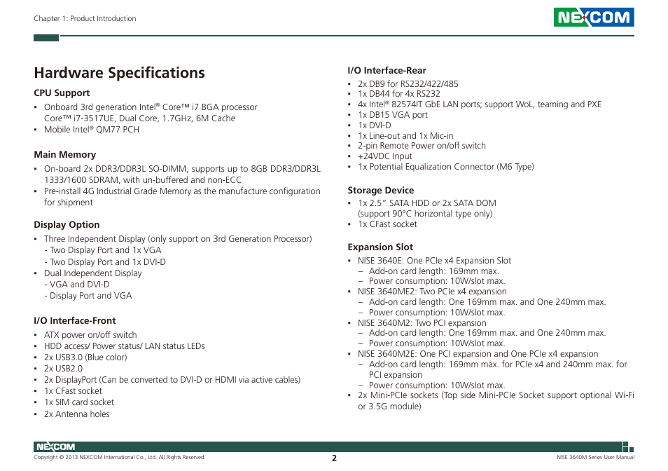 Hardware specifications | NEXCOM NISE 3640M User Manual | Page 19 / 108