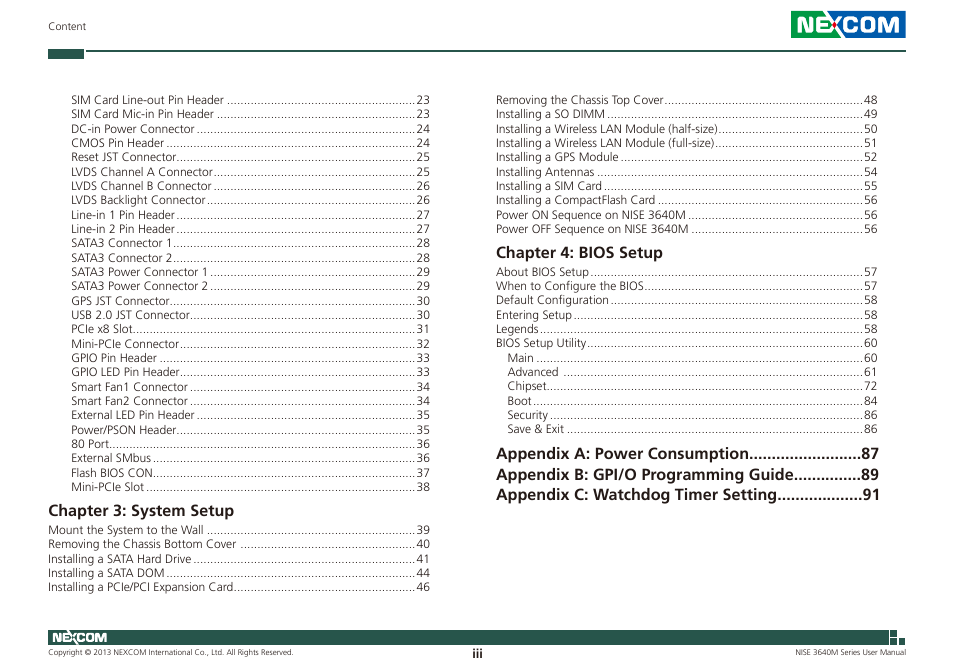 Chapter 3: system setup, Chapter 4: bios setup | NEXCOM NISE 3640M User Manual | Page 3 / 108