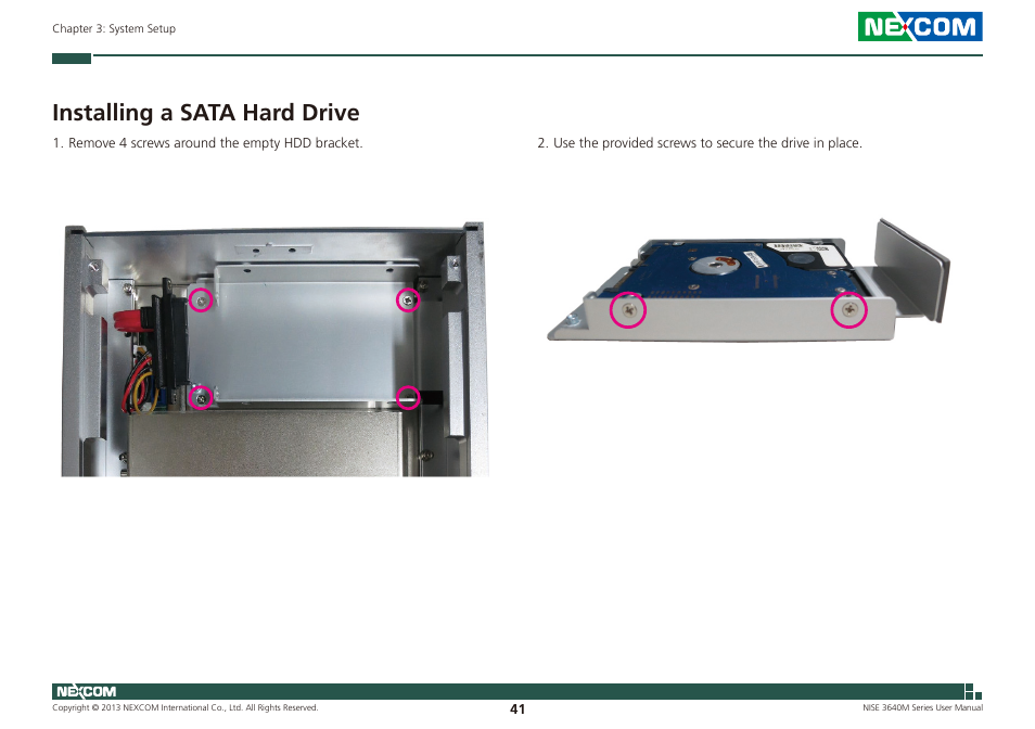 Installing a sata hard drive | NEXCOM NISE 3640M User Manual | Page 58 / 108