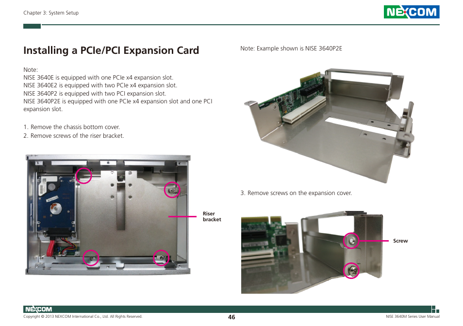 Installing a pcie/pci expansion card | NEXCOM NISE 3640M User Manual | Page 63 / 108