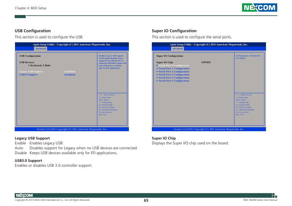Usb configuration, Super io configuration | NEXCOM NISE 3640M User Manual | Page 82 / 108