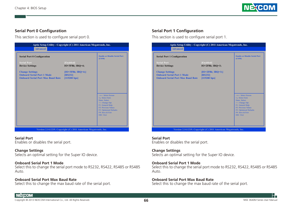 Serial port 0 configuration, Serial port 1 configuration | NEXCOM NISE 3640M User Manual | Page 83 / 108