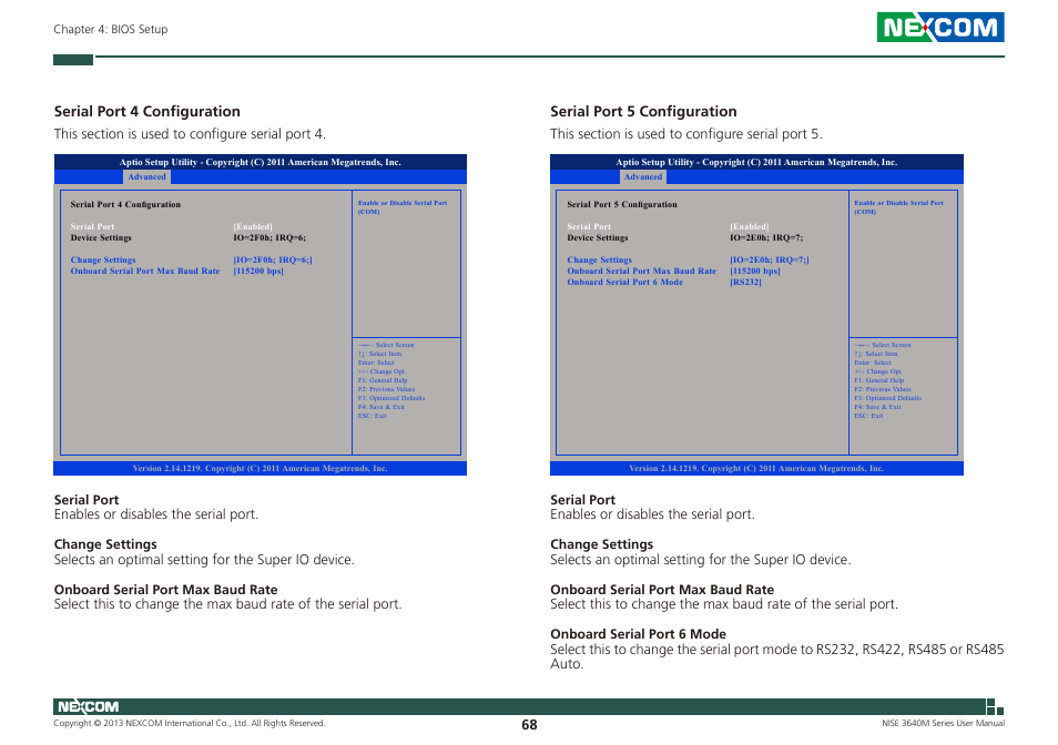 Serial port 4 configuration, Serial port 5 configuration | NEXCOM NISE 3640M User Manual | Page 85 / 108