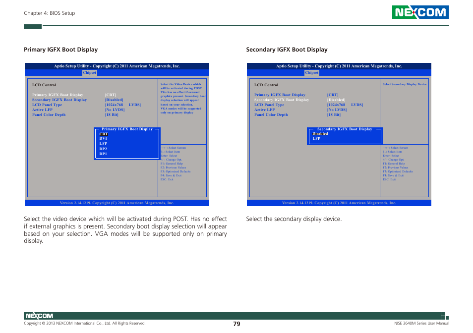 Primary igfx boot display, Select the secondary display device | NEXCOM NISE 3640M User Manual | Page 96 / 108
