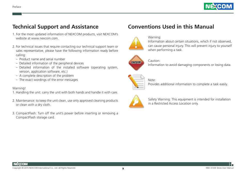 Technical support and assistance, Conventions used in this manual | NEXCOM NISE 3720E User Manual | Page 10 / 85