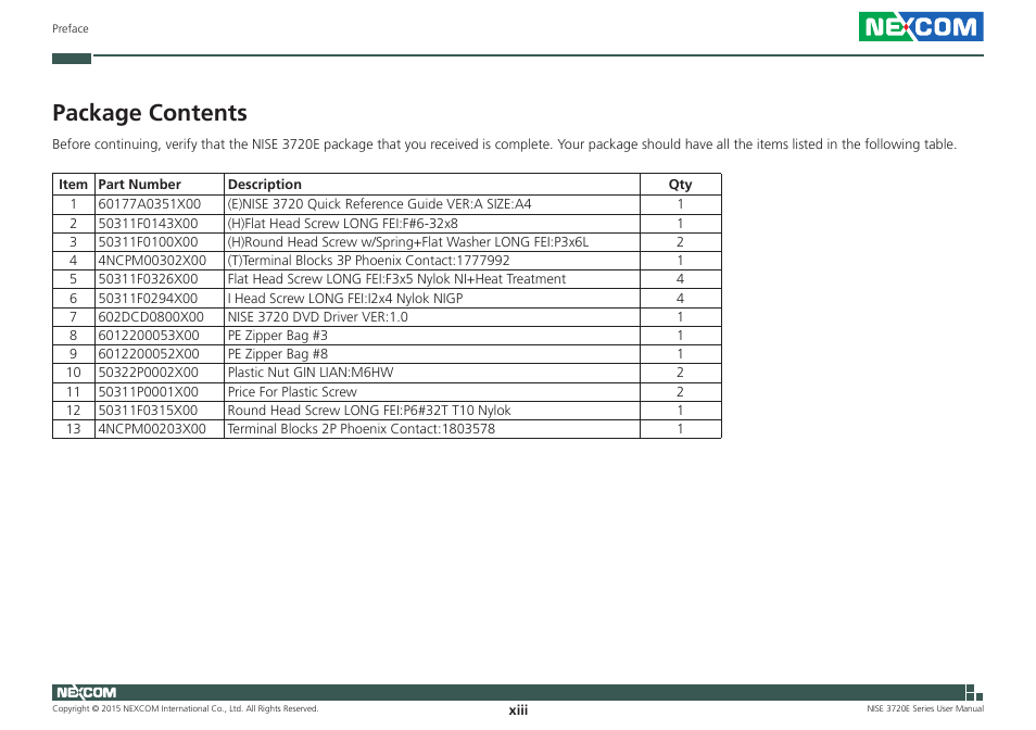 Package contents | NEXCOM NISE 3720E User Manual | Page 13 / 85