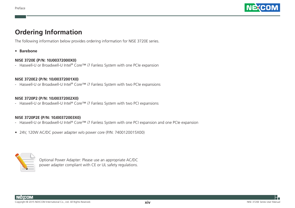 Ordering information | NEXCOM NISE 3720E User Manual | Page 14 / 85