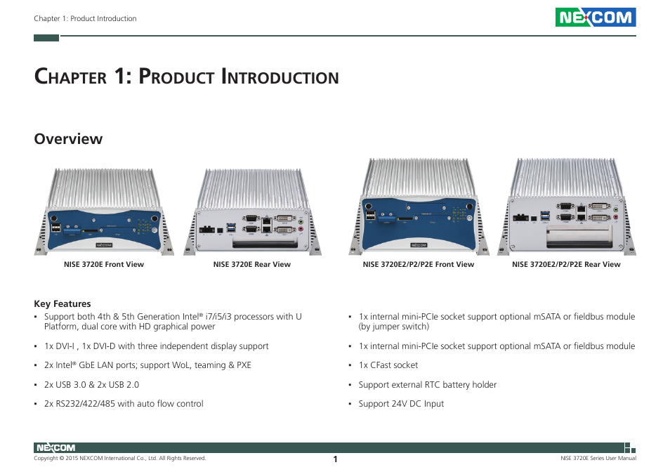Chapter 1: product introduction, Overview, Hapter | Roduct, Ntroduction | NEXCOM NISE 3720E User Manual | Page 15 / 85