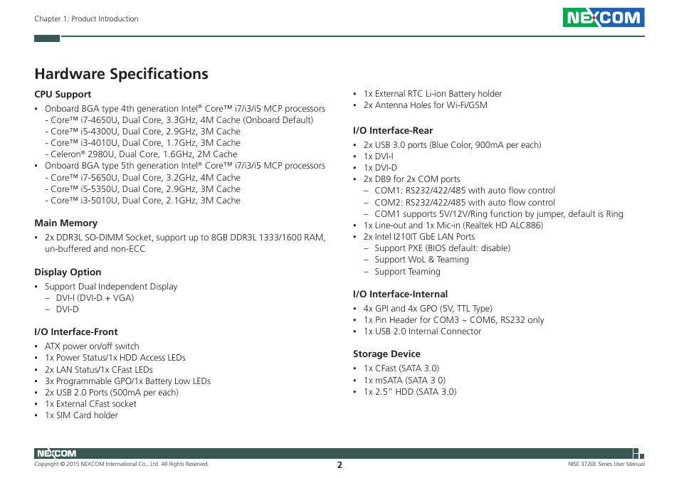 Hardware specifications | NEXCOM NISE 3720E User Manual | Page 16 / 85