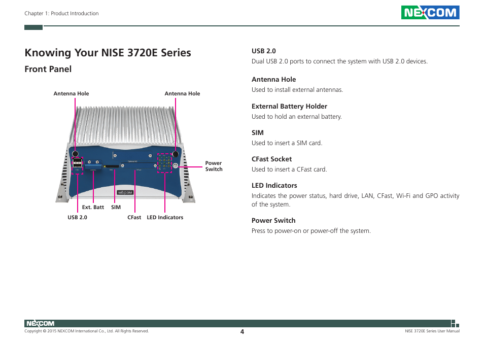 Knowing your nise 3720e series, Front panel | NEXCOM NISE 3720E User Manual | Page 18 / 85