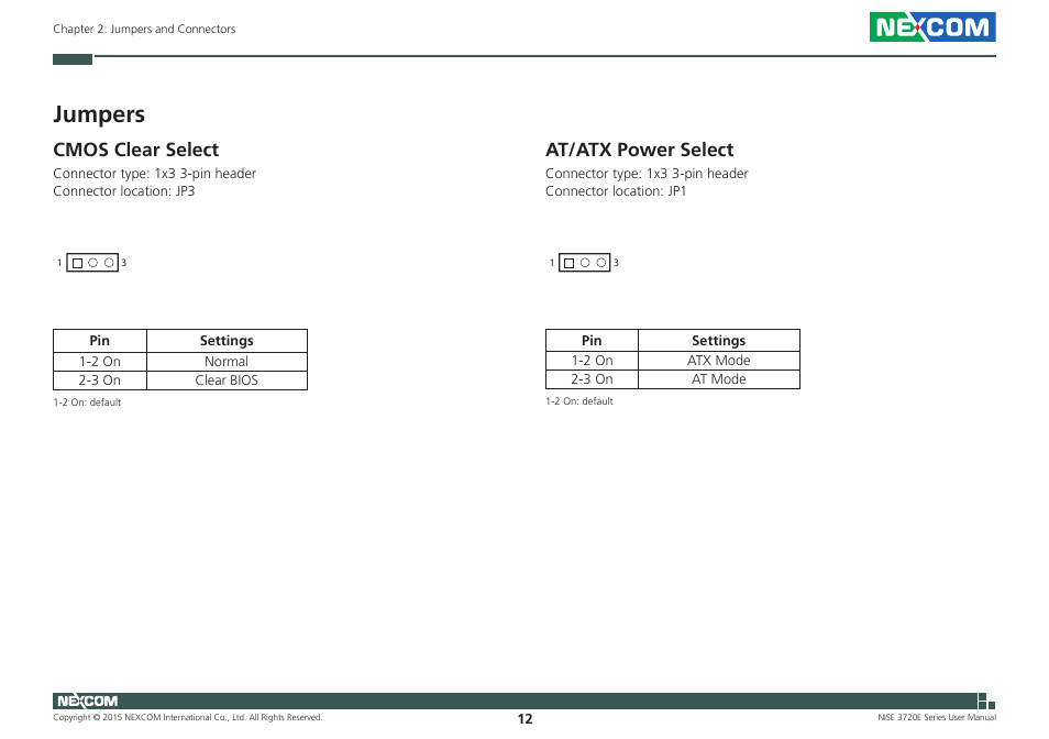 Jumpers, Cmos clear select, At/atx power select | Cmos clear select at/atx power select | NEXCOM NISE 3720E User Manual | Page 26 / 85