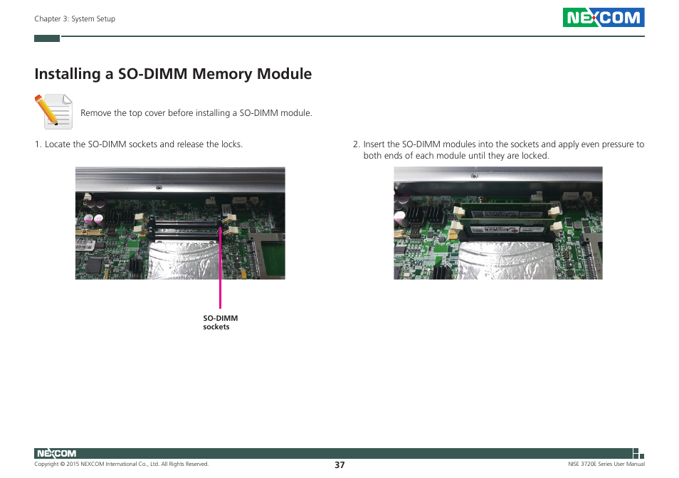 Installing a so-dimm memory module | NEXCOM NISE 3720E User Manual | Page 51 / 85