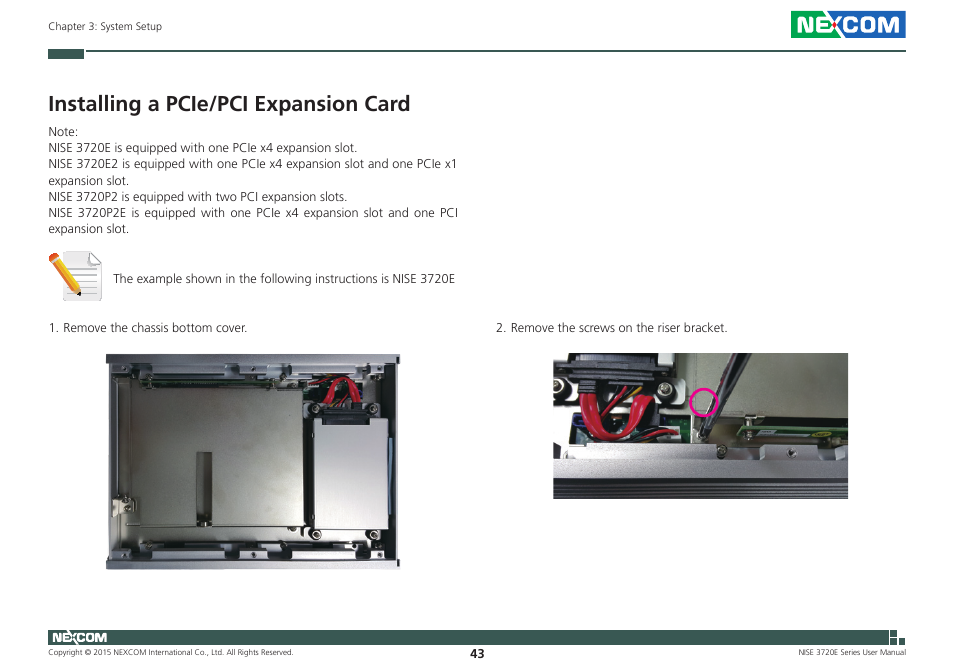Installing a pcie/pci expansion card | NEXCOM NISE 3720E User Manual | Page 57 / 85