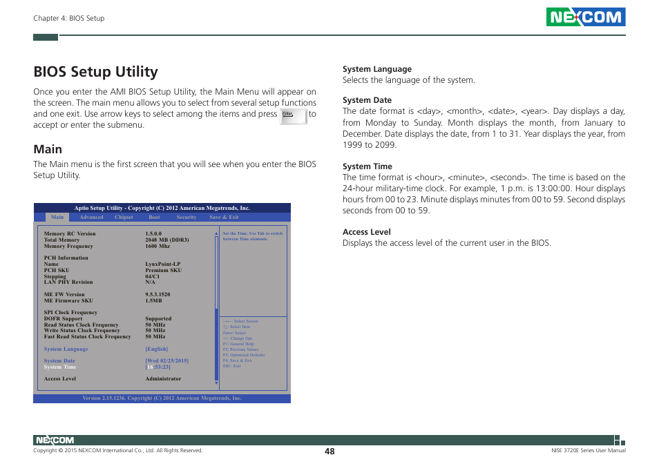 Bios setup utility, Main | NEXCOM NISE 3720E User Manual | Page 62 / 85