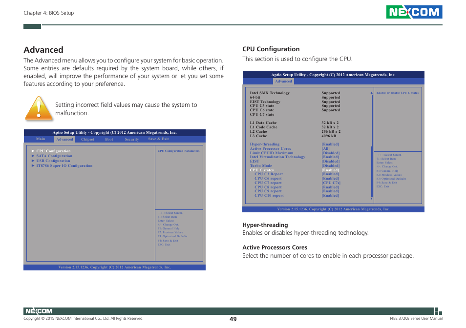 Advanced, Cpu configuration | NEXCOM NISE 3720E User Manual | Page 63 / 85