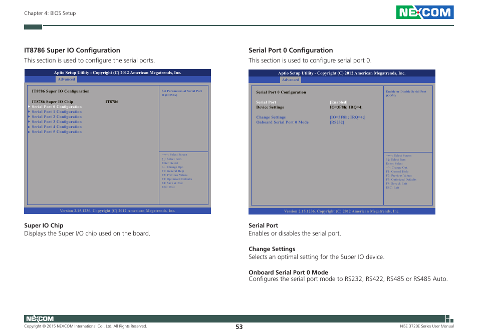 It8786 super io configuration, Serial port 0 configuration | NEXCOM NISE 3720E User Manual | Page 67 / 85