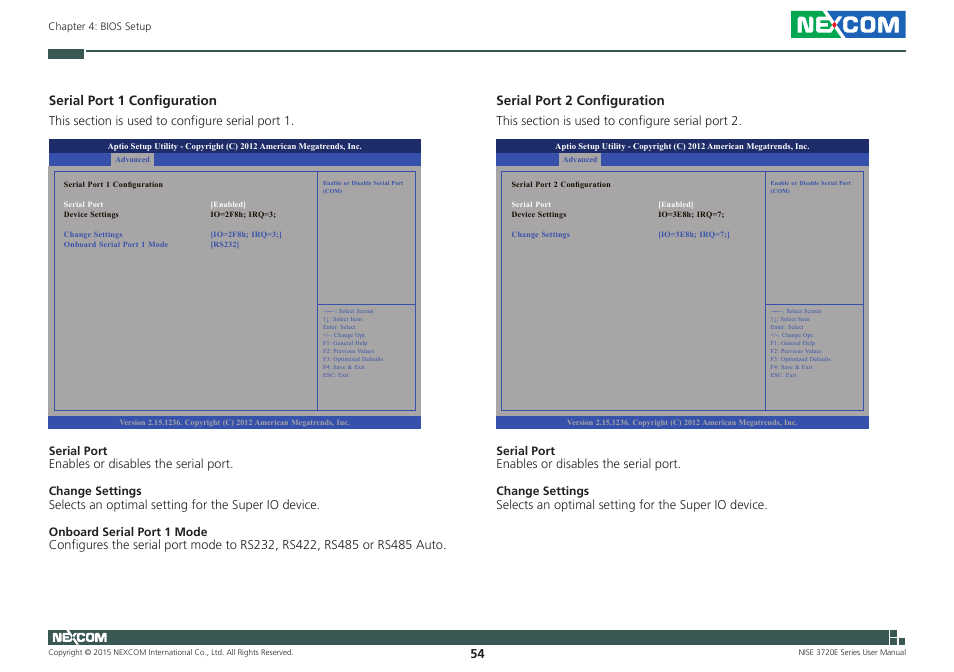 Serial port 1 configuration, Serial port 2 configuration | NEXCOM NISE 3720E User Manual | Page 68 / 85