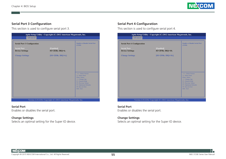 Serial port 3 configuration, Serial port 4 configuration | NEXCOM NISE 3720E User Manual | Page 69 / 85