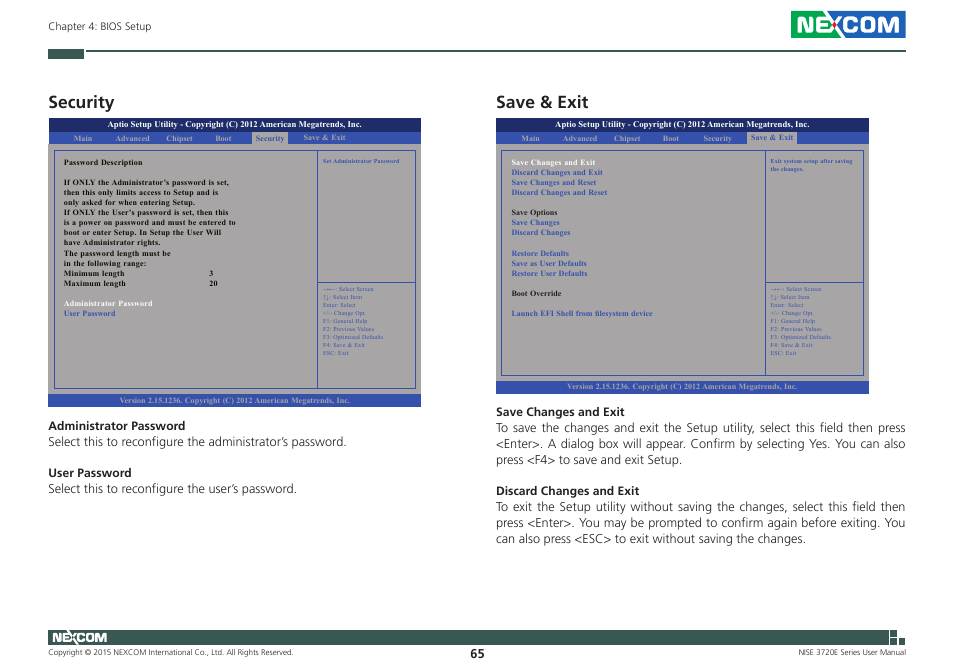 Security, Save & exit, Security save & exit | NEXCOM NISE 3720E User Manual | Page 79 / 85