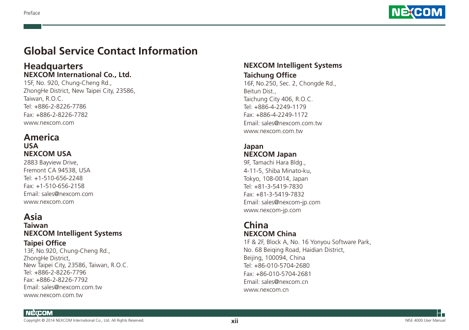 Global service contact information, Headquarters, America | Asia, China | NEXCOM NISE 4000 User Manual | Page 12 / 102