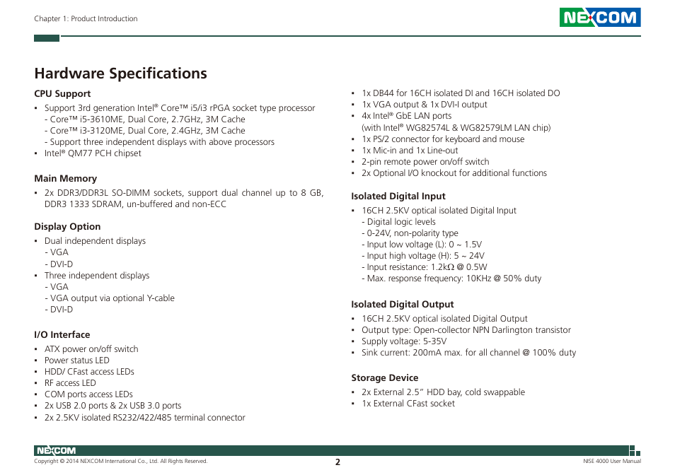 Hardware specifications | NEXCOM NISE 4000 User Manual | Page 17 / 102