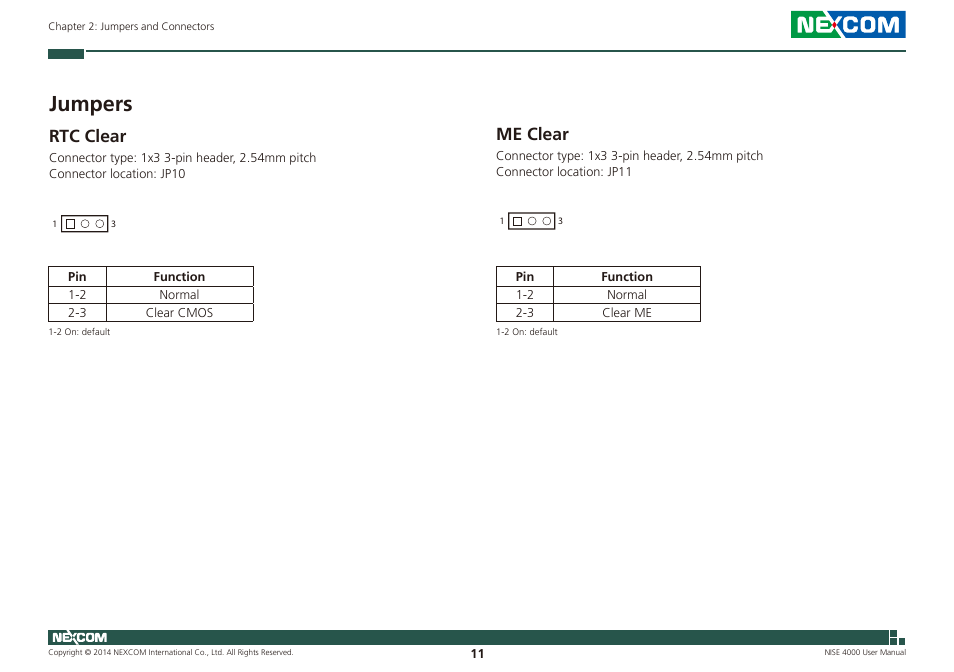 Jumpers, Rtc clear me clear, Rtc clear | Me clear | NEXCOM NISE 4000 User Manual | Page 26 / 102