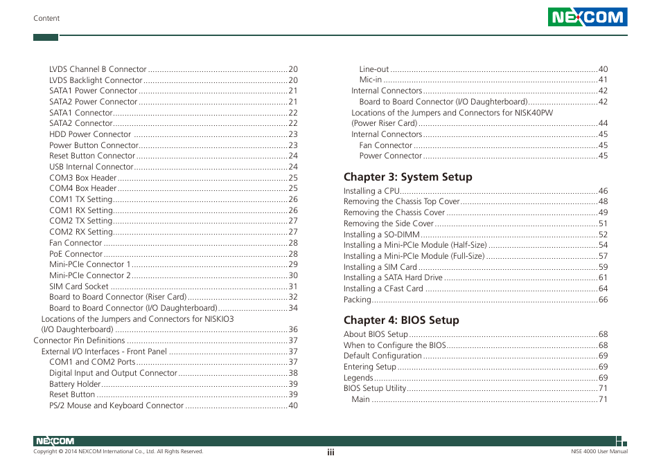 Chapter 3: system setup, Chapter 4: bios setup | NEXCOM NISE 4000 User Manual | Page 3 / 102